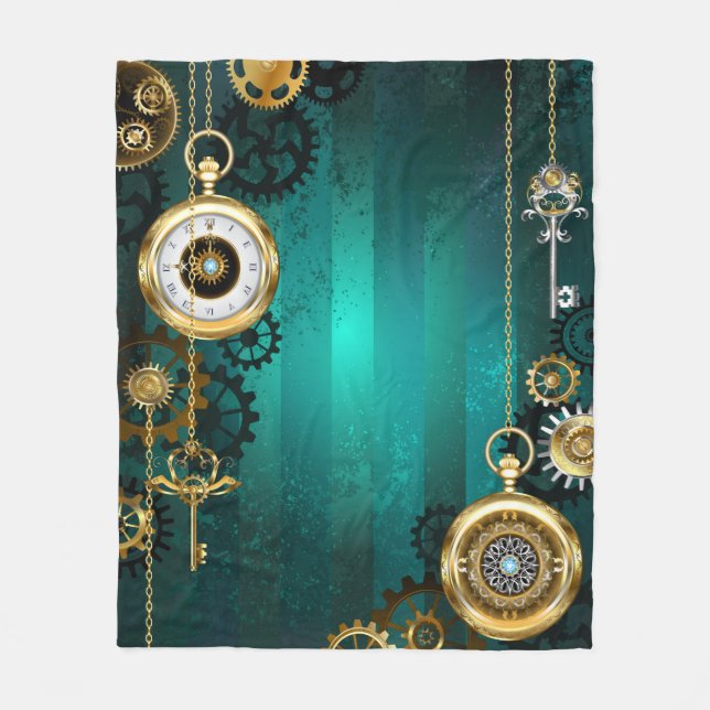 Steampunk Jewelry Watch on a Green Background Fleece Blanket (Front)