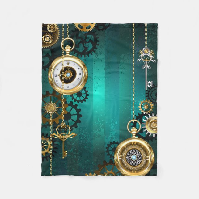Steampunk Jewelry Watch on a Green Background Fleece Blanket (Front)
