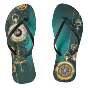 Steampunk Jewelry Watch on a Green Background Flip Flops