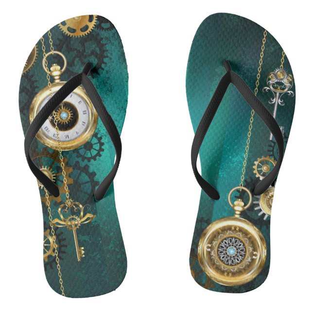 Steampunk Jewelry Watch on a Green Background Flip Flops (Footbed)