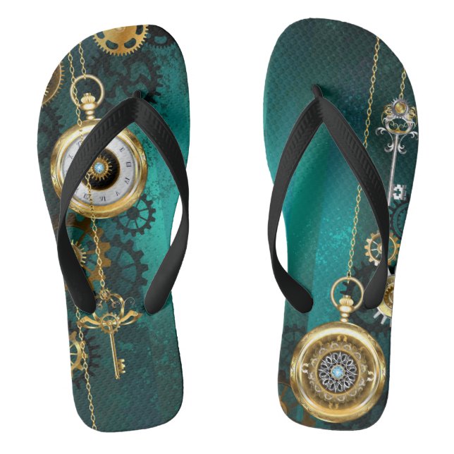 Steampunk Jewelry Watch on a Green Background Flip Flops (Footbed)