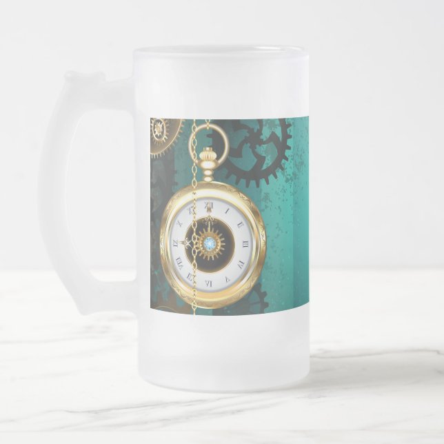 Steampunk Jewelry Watch on a Green Background Frosted Glass Beer Mug (Left)