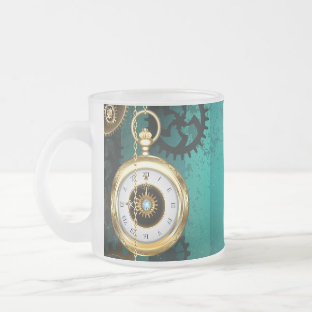 Steampunk Jewelry Watch on a Green Background Frosted Glass Coffee Mug (Left)