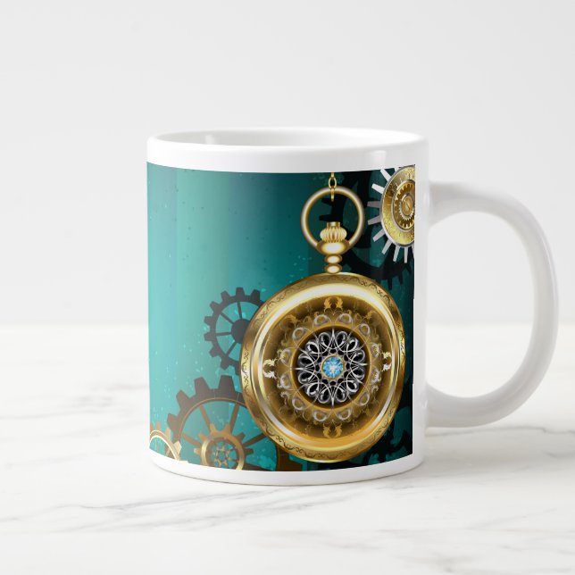 Steampunk Jewelry Watch on a Green Background Giant Coffee Mug (Right)