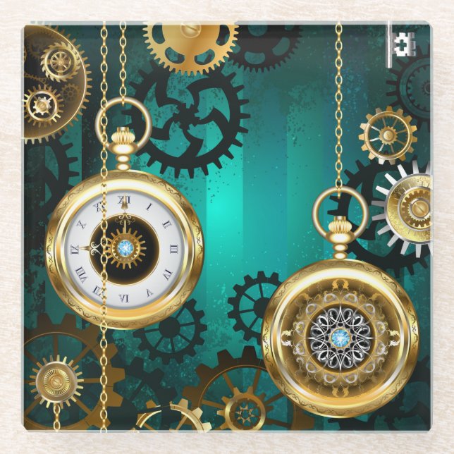 Steampunk Jewelry Watch on a Green Background Glass Coaster (Front)