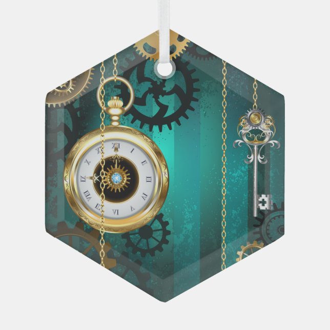 Steampunk Jewelry Watch on a Green Background Glass Ornament (Front)
