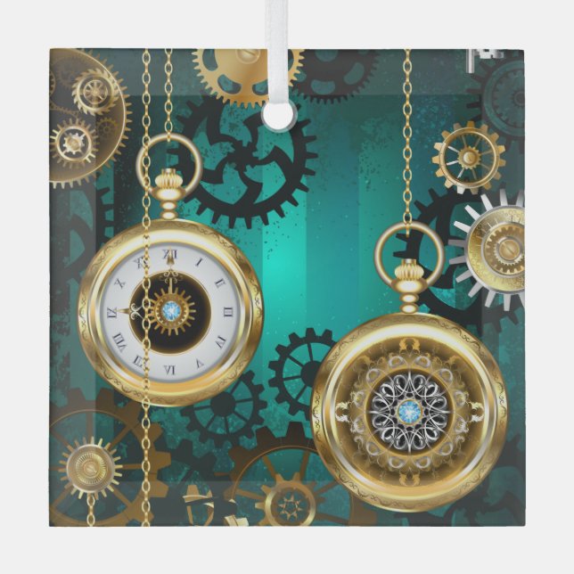 Steampunk Jewelry Watch on a Green Background Glass Ornament (Front)