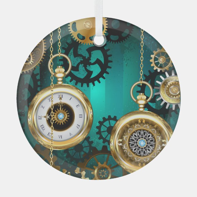 Steampunk Jewelry Watch on a Green Background Glass Ornament (Front)