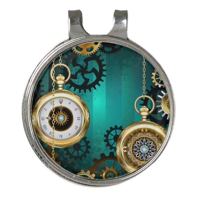 Steampunk Jewelry Watch on a Green Background Golf Hat Clip (Front)