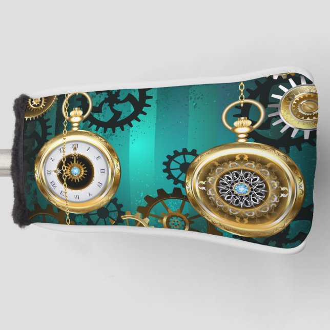 Steampunk Jewelry Watch on a Green Background Golf Head Cover (Front)