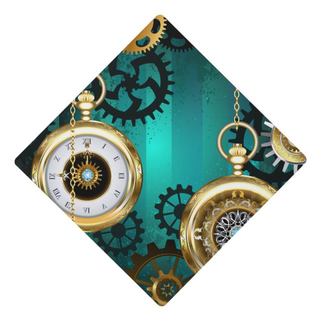 Steampunk Jewelry Watch on a Green Background Graduation Cap Topper (Front)