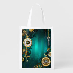 Steampunk Jewelry Watch on a Green Background Grocery Bag