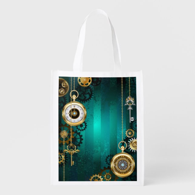 Steampunk Jewelry Watch on a Green Background Grocery Bag (Front)