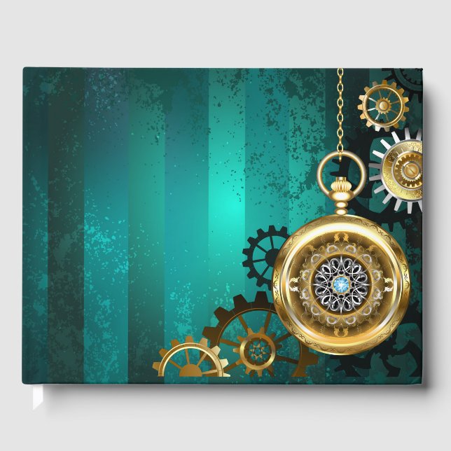 Steampunk Jewelry Watch on a Green Background Guest Book (Front)