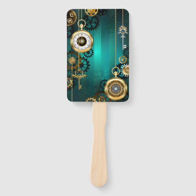 Steampunk Jewelry Watch on a Green Background Hand Fan (Front)