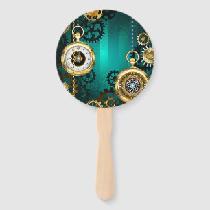 Steampunk Jewelry Watch on a Green Background Hand Fan