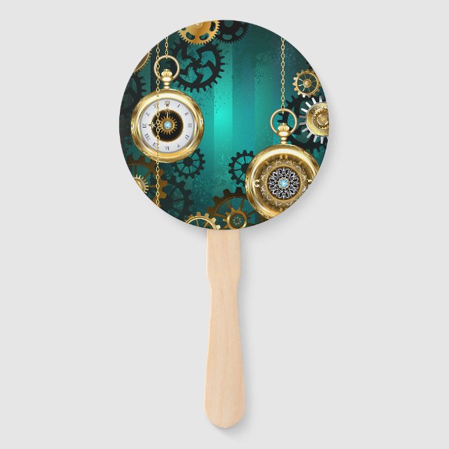 Steampunk Jewelry Watch on a Green Background Hand Fan (Front)
