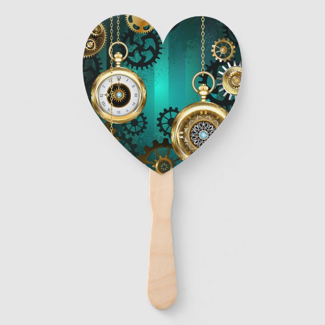 Steampunk Jewelry Watch on a Green Background Hand Fan (Front)