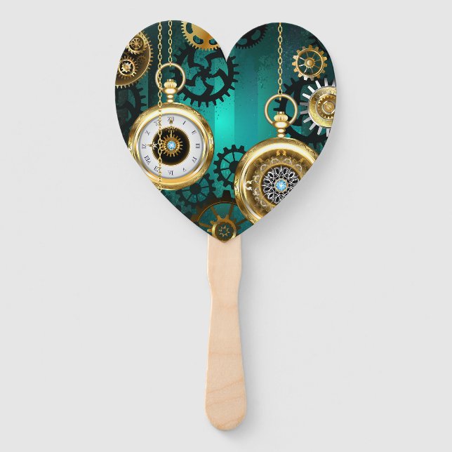 Steampunk Jewelry Watch on a Green Background Hand Fan (Front)