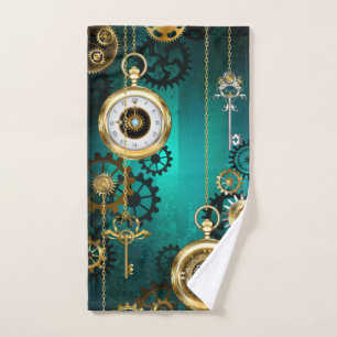 Steampunk Jewelry Watch on a Green Background Hand Towel