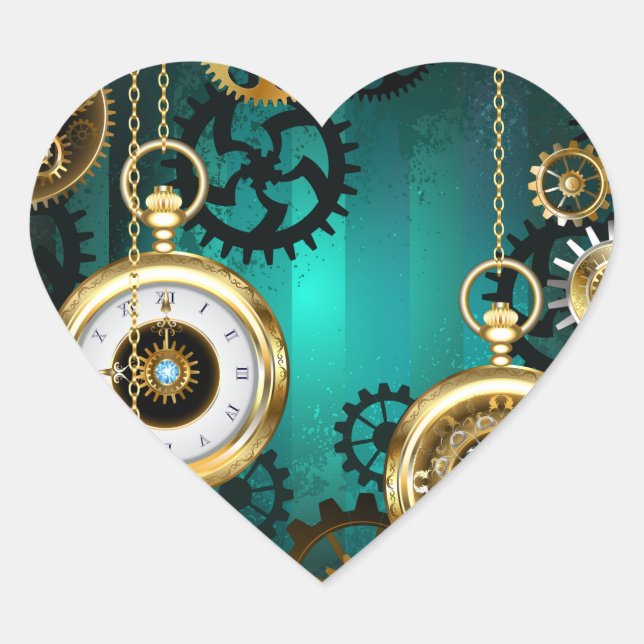 Steampunk Jewelry Watch on a Green Background Heart Sticker (Front)