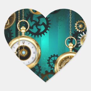 Steampunk Jewelry Watch on a Green Background Heart Sticker