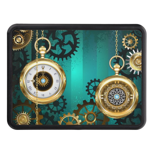 Steampunk Jewelry Watch on a Green Background Hitch Cover (Front)