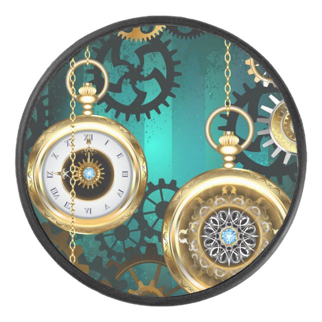 Steampunk Jewelry Watch on a Green Background Hockey Puck (Front)