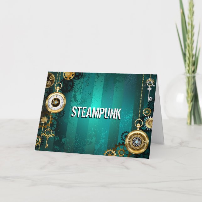 Steampunk Jewelry Watch on a Green Background Holiday Card (Front)