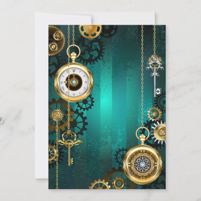 Steampunk Jewelry Watch on a Green Background Holiday Card (Front)