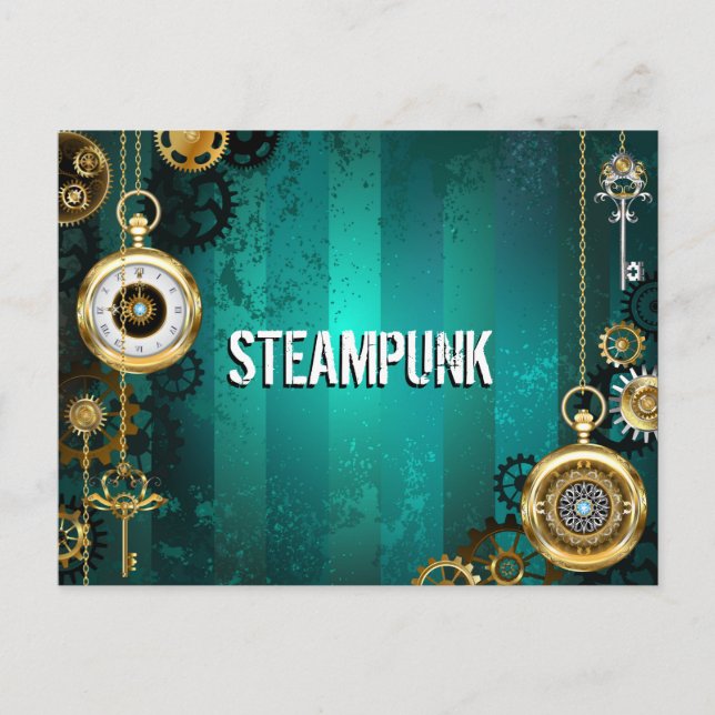 Steampunk Jewelry Watch on a Green Background Holiday Postcard (Front)