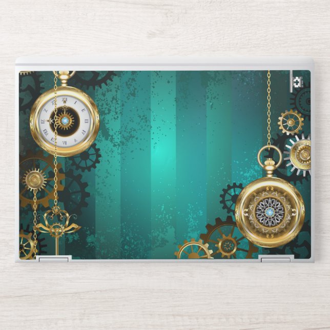 Steampunk Jewelry Watch on a Green Background HP Laptop Skin (Front)