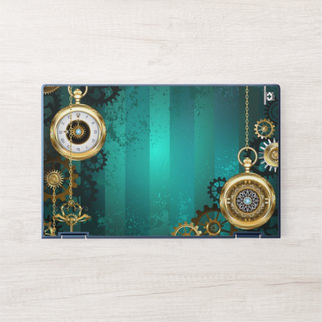 Steampunk Jewelry Watch on a Green Background HP Laptop Skin (Front)