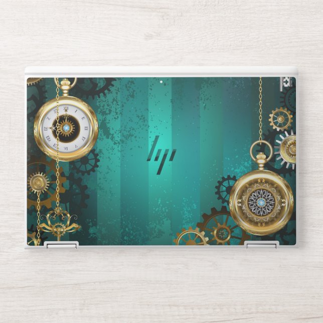 Steampunk Jewelry Watch on a Green Background HP Laptop Skin (Front)