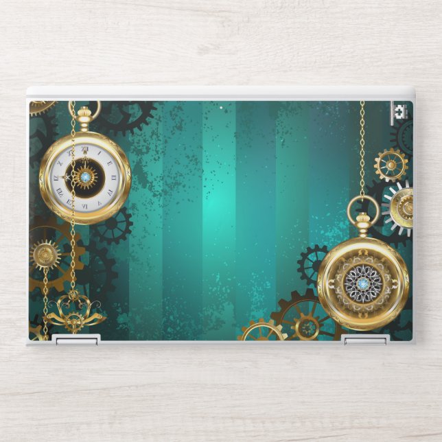 Steampunk Jewelry Watch on a Green Background HP Laptop Skin (Front)