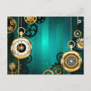 Steampunk Jewelry Watch on a Green Background Invitation Postcard