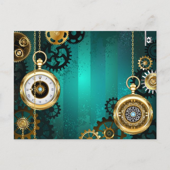 Steampunk Jewelry Watch on a Green Background Invitation Postcard (Front)