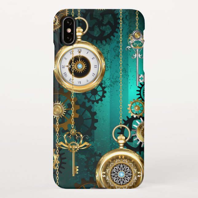 Steampunk Jewelry Watch on a Green Background iPhone Case (Back)