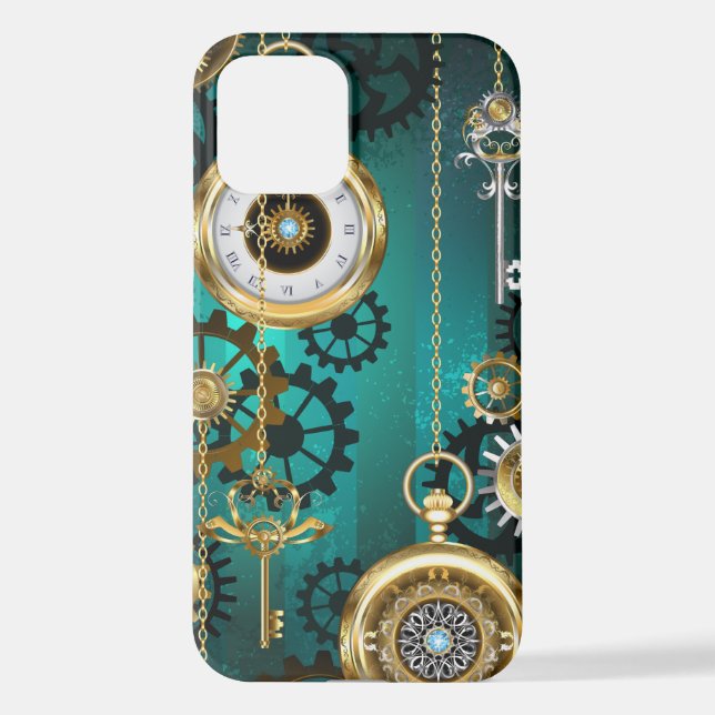 Steampunk Jewelry Watch on a Green Background iPhone Case (Back)