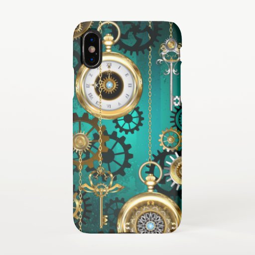Steampunk Jewelry Watch on a Green Background iPhone X Case