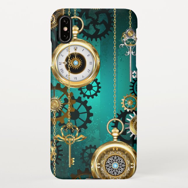 Steampunk Jewelry Watch on a Green Background iPhone Case (Back)