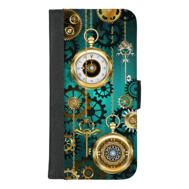 Steampunk Jewelry Watch on a Green Background iPhone Wallet Case (Front)