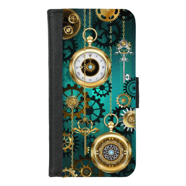 Steampunk Jewelry Watch on a Green Background iPhone Wallet Case (Front)