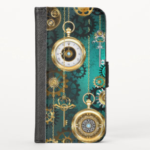 Steampunk Jewelry Watch on a Green Background iPhone X Wallet Case