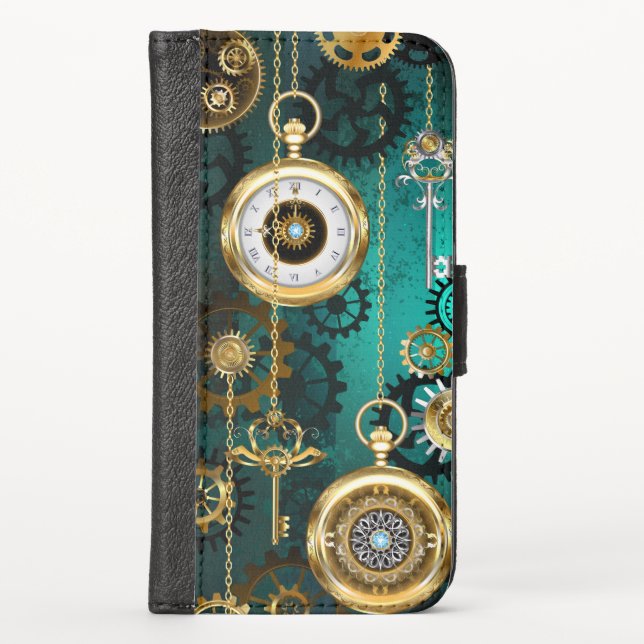 Steampunk Jewelry Watch on a Green Background iPhone Wallet Case (Front)
