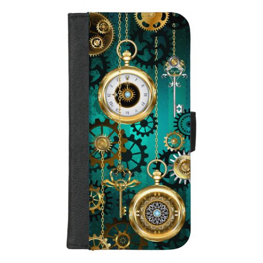Steampunk Jewelry Watch on a Green Background iPhone 8/7 Plus Wallet Case
