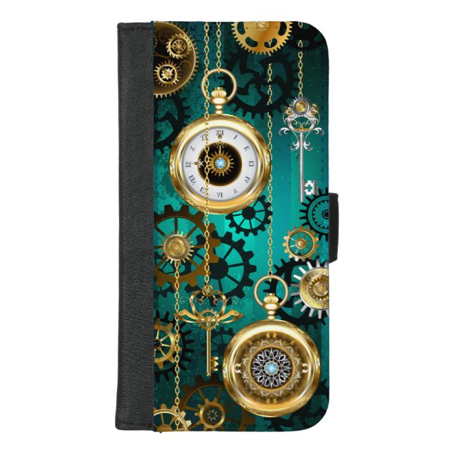 Steampunk Jewelry Watch on a Green Background iPhone Wallet Case (Front)