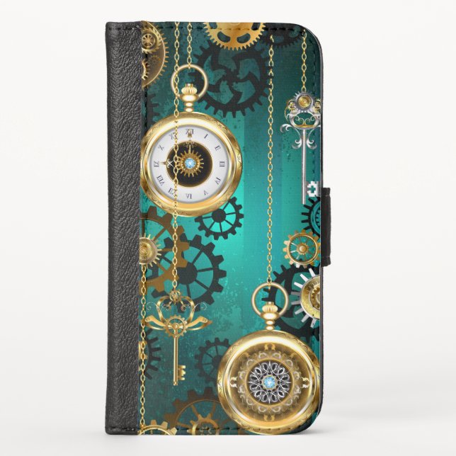 Steampunk Jewelry Watch on a Green Background iPhone Wallet Case (Front)