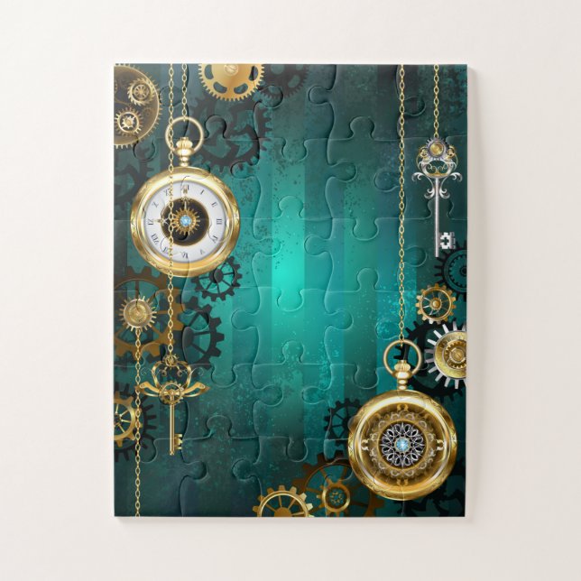 Steampunk Jewelry Watch on a Green Background Jigsaw Puzzle (Vertical)