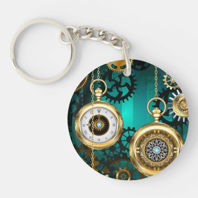 Steampunk Jewelry Watch on a Green Background Keychain (Front)
